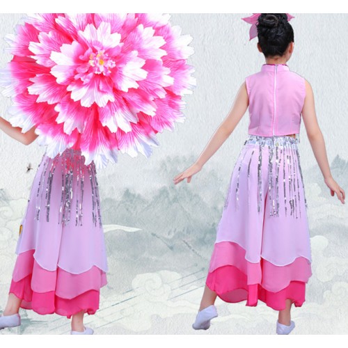 Girls Chinese folk dance costumes pink umbrella traditional performance fairy film cosplay photos dancing dresses
